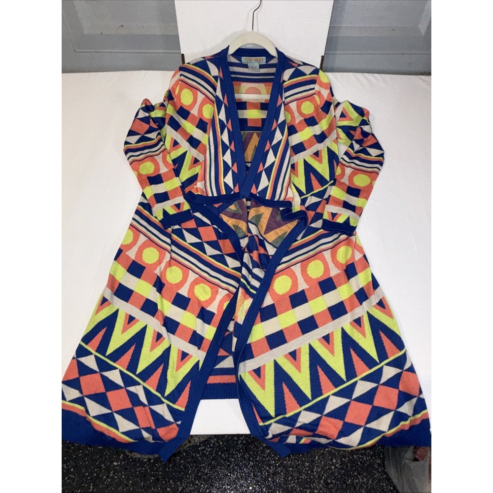 Flying Tomato Geometric Knit Cardigan Sweater Womens Medium Neon Open Front Boho